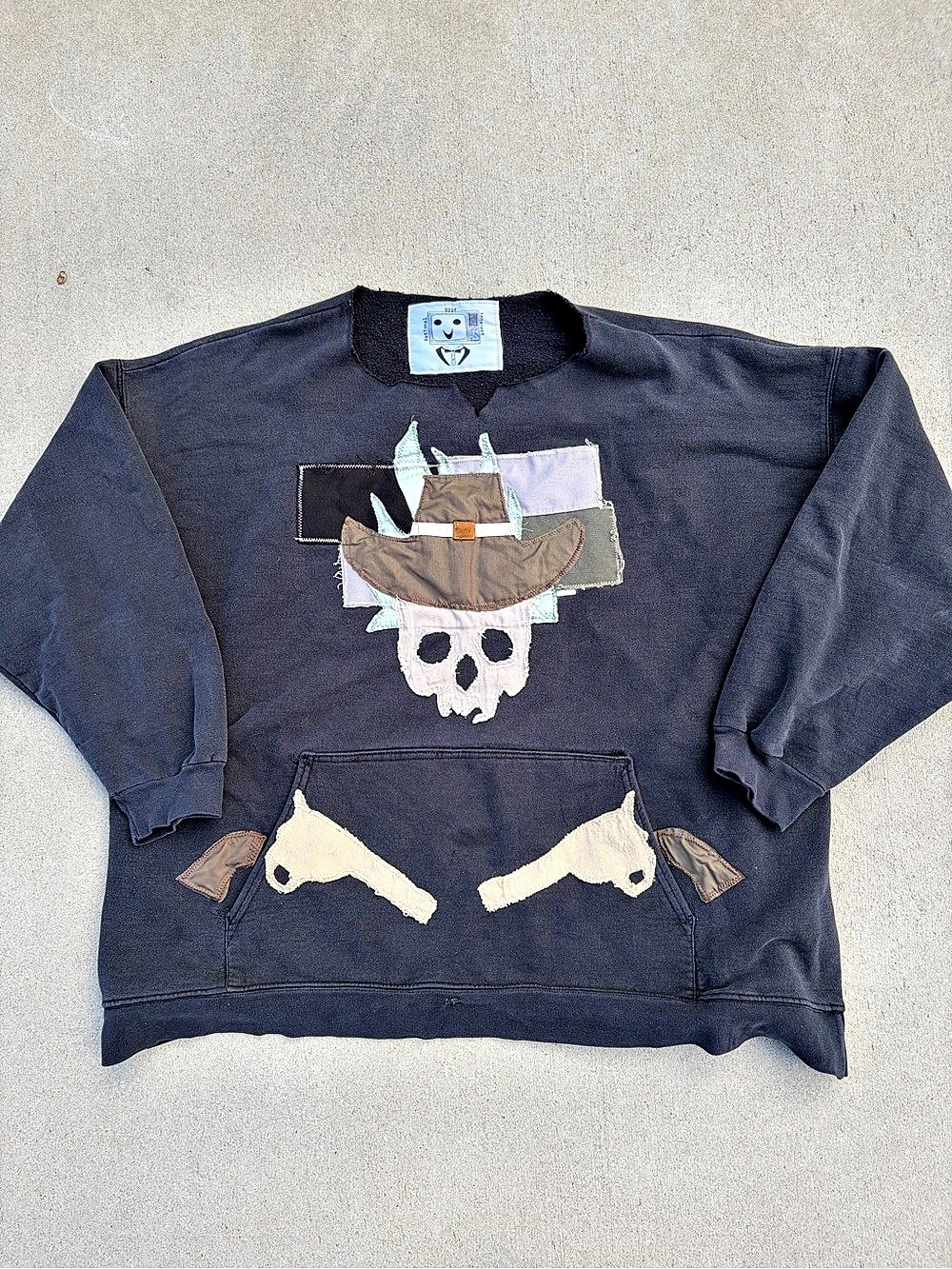 Skull Cowboy Patchwork Crewneck Sweatshirt in Gray